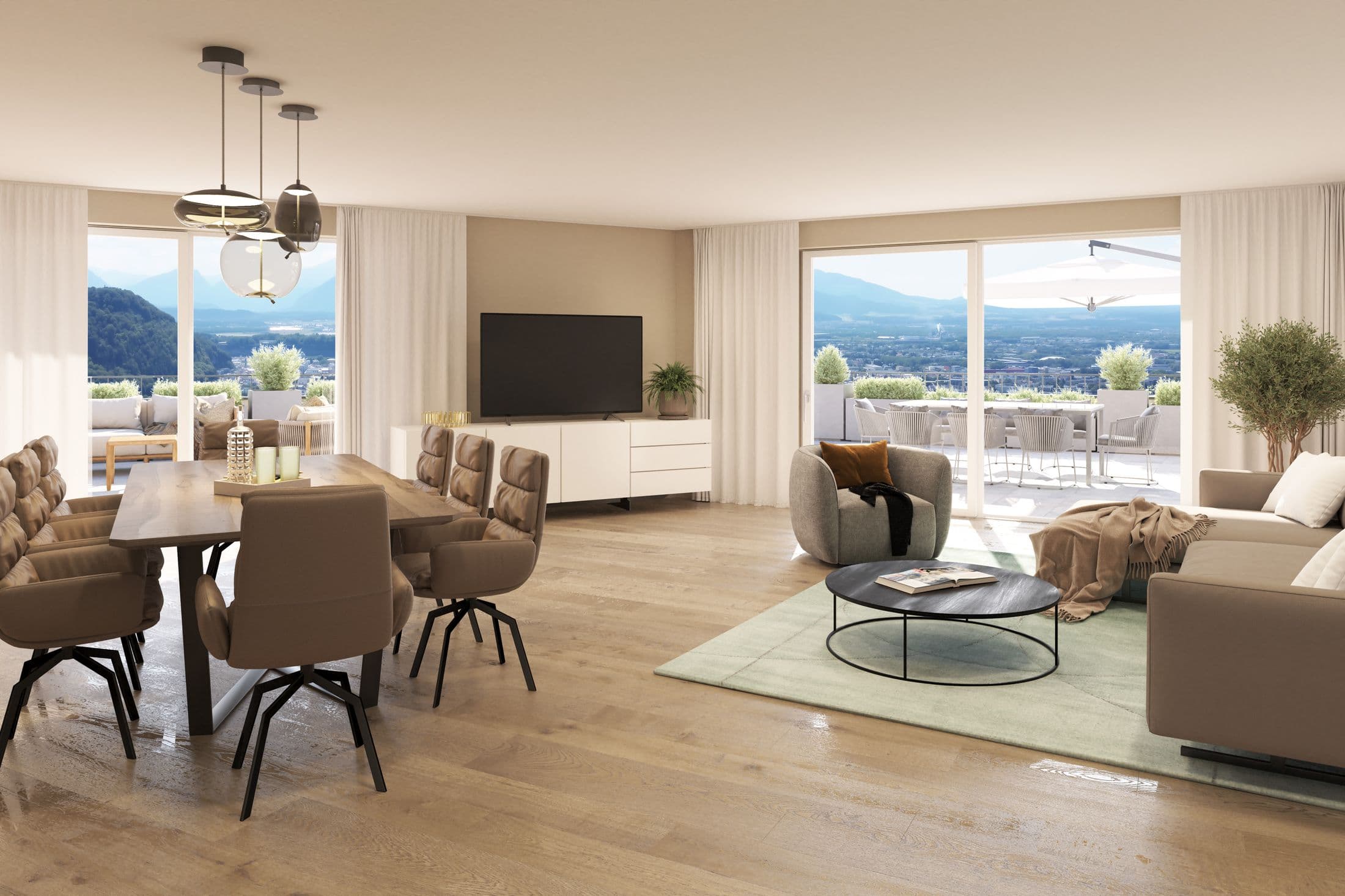 Offene Living Area mit integrierter Küche und großformatigen Fenstern