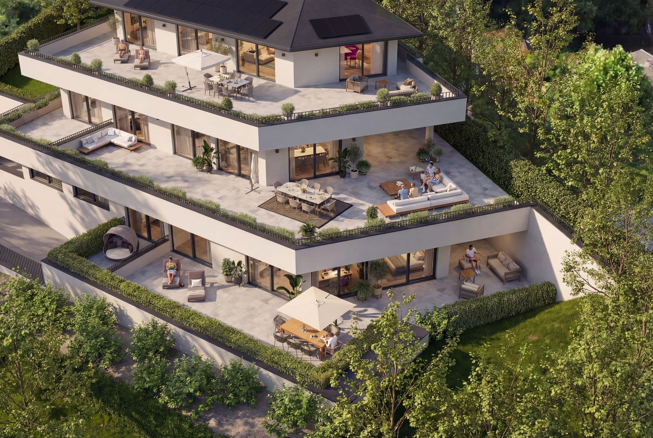Luftaufnahme der terrassenförmigen Wohnanlage