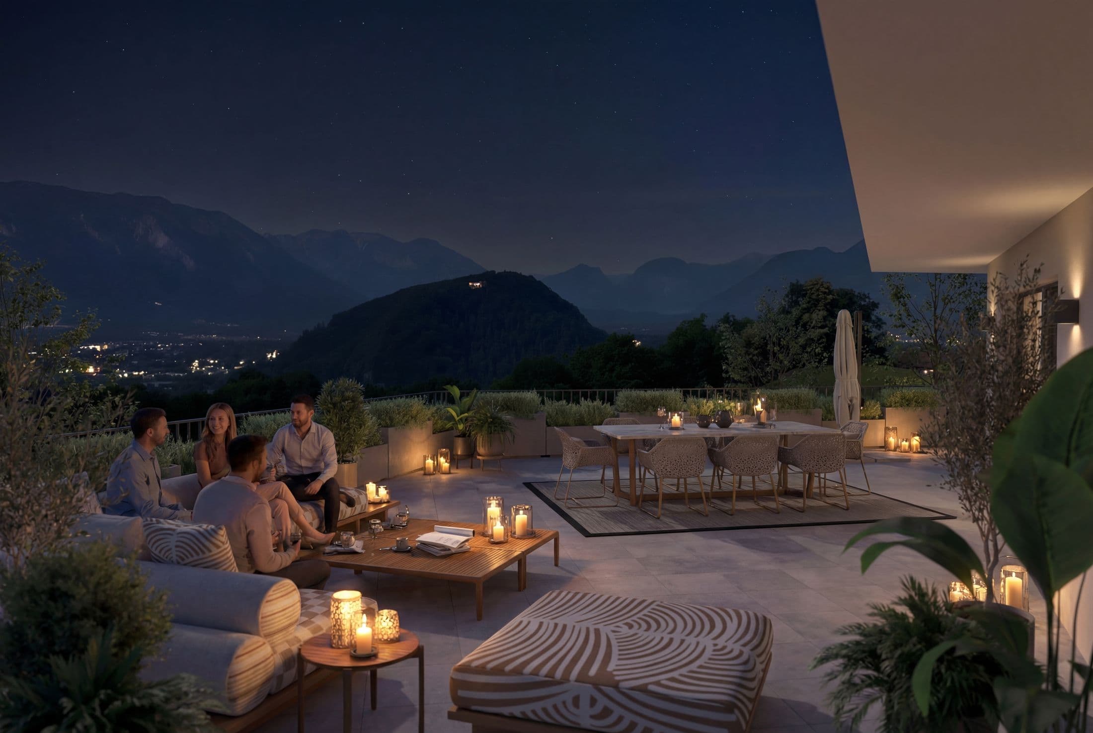 Penthouse-Dachterrasse in der Abenddämmerung