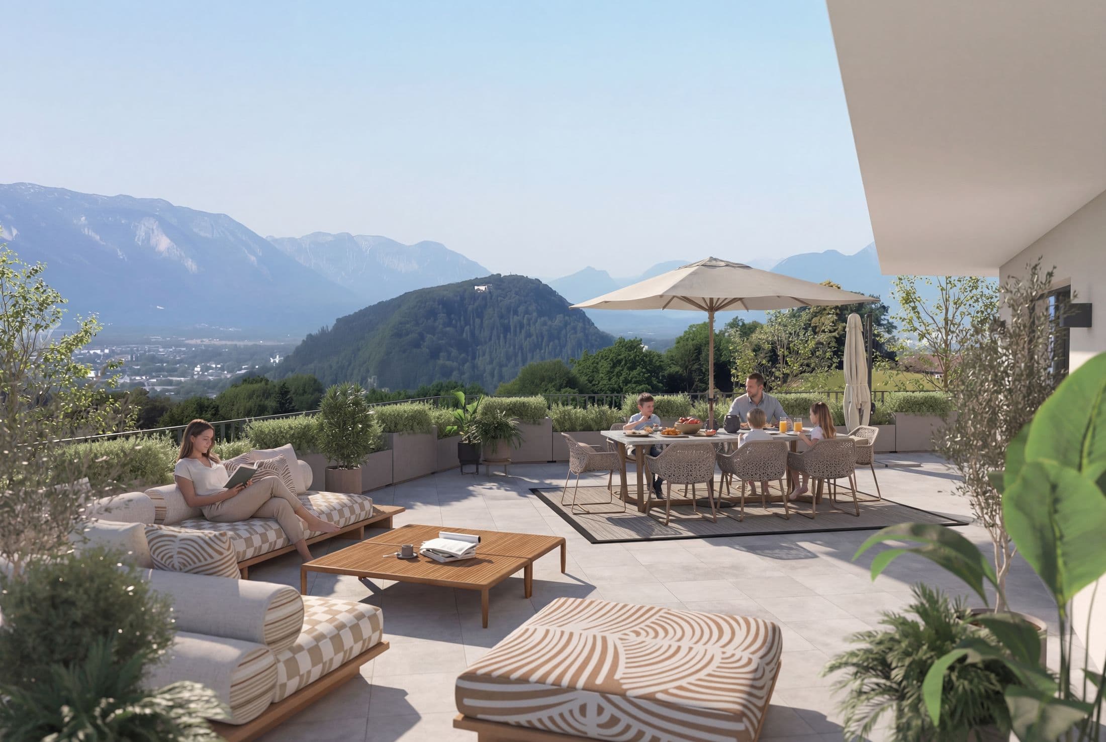 Terrassenlounge mit Panoramablick bei Tag
